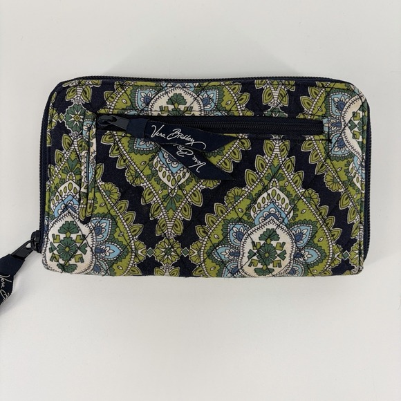 VERA BRADLEY CAMBRIDGE BLUE GREEN  ZIP AROUND WALLET WRISTLET & Key Chain Coin - Picture 2 of 8